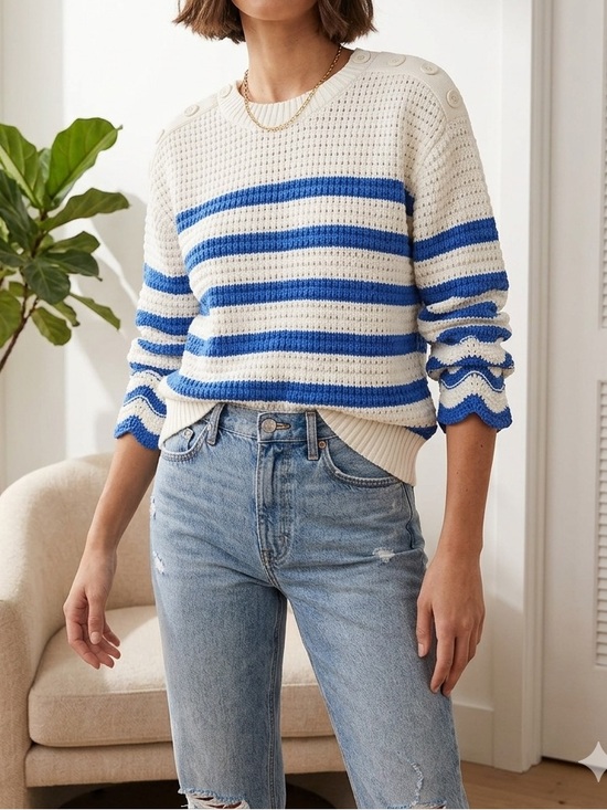 J. Crew Sweaters - NWT J.Crew Textured Striped Crewneck Pullover Sweater Blue White🤩